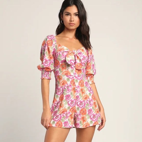 Lush Pink and Orange Floral Font-Tie Romper with Puff Sleeves Small - Picture 2 of 12